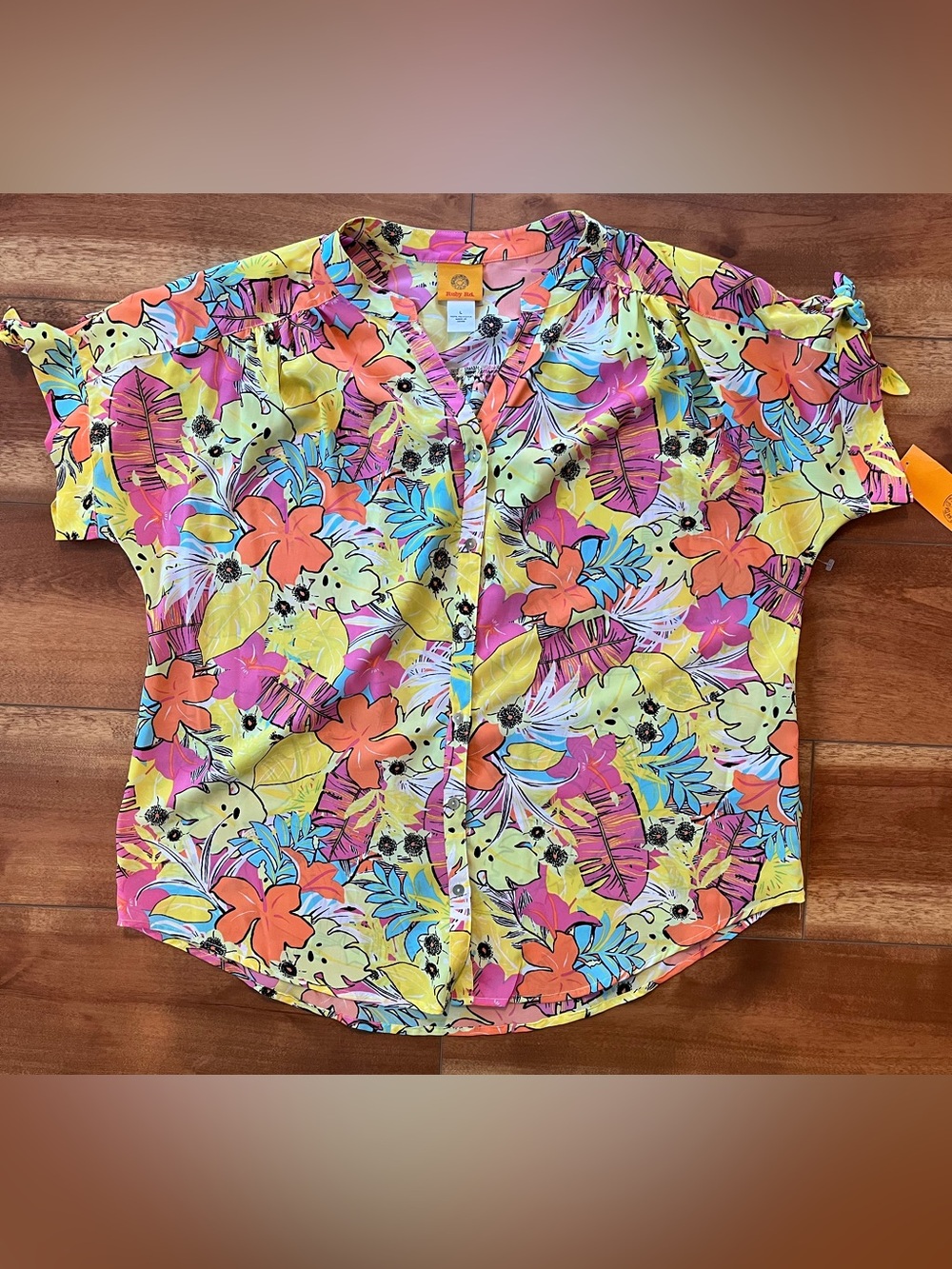 Ruby Rd. Yellow Tropical Floral Button-Up Top - Picture 1 of 5